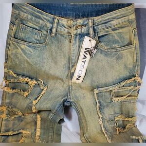 NWT Watson Denim Distressed Frayed Patchwork Blue Jeans SIZE 28×32